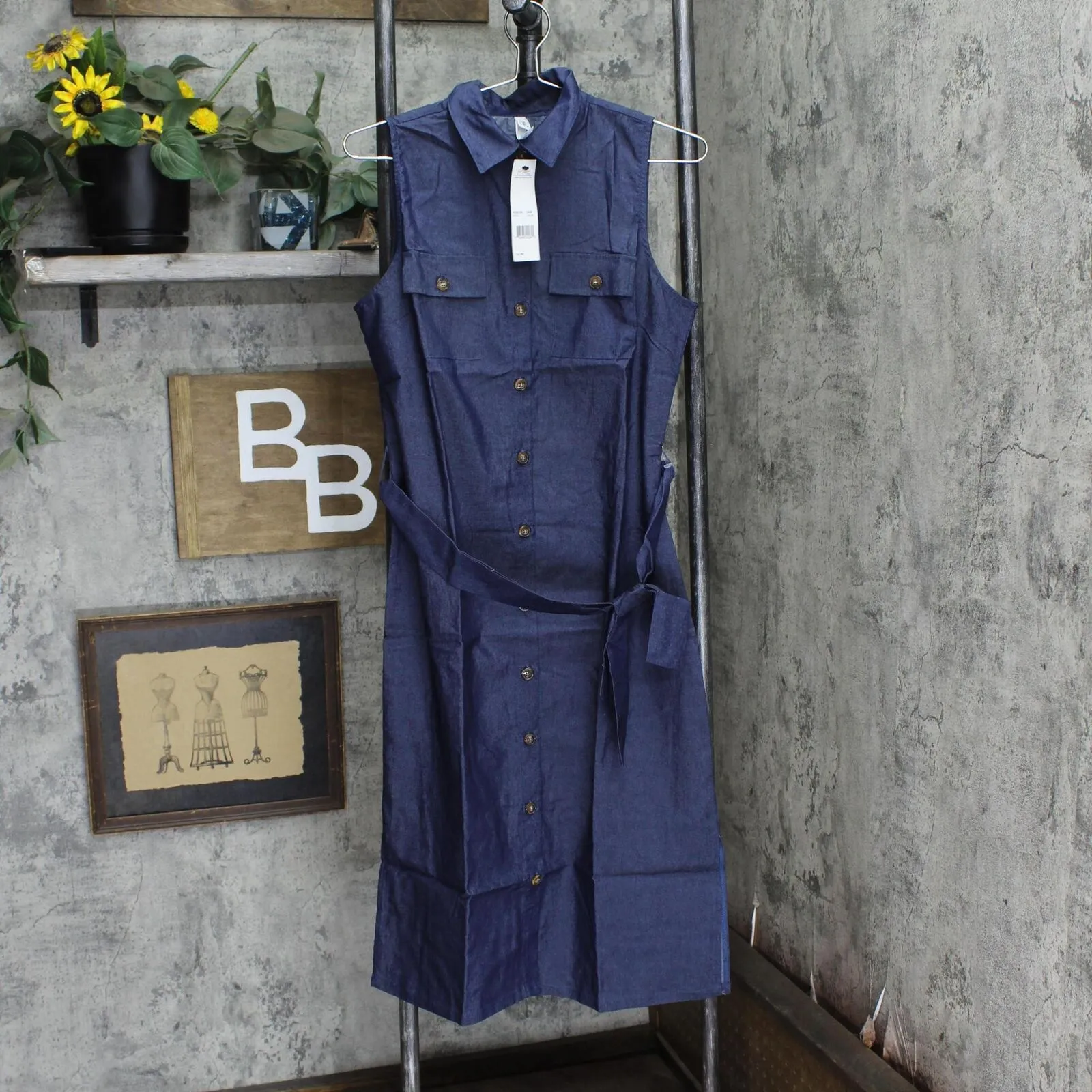 Ny Collection Womens Petite Sleeveless Belted Chambray Midi Dress PCBD1242