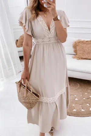 Oatmeal Lace V Neck Ruffled Sleeve Empire Waist Dress