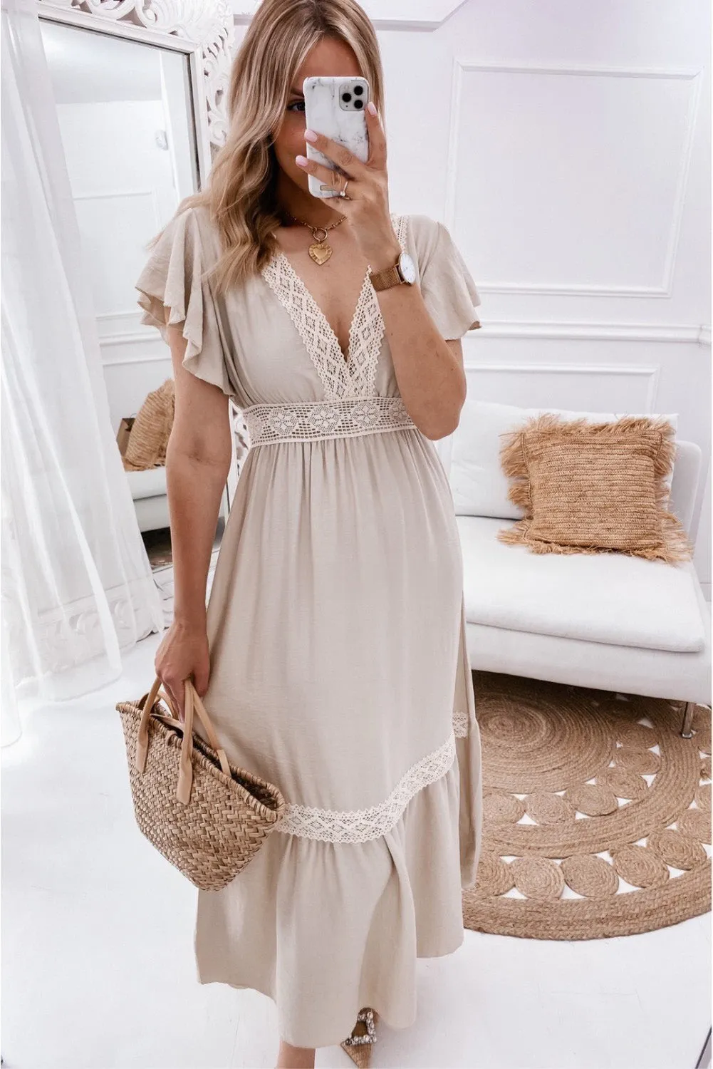 Oatmeal Lace V Neck Ruffled Sleeve Empire Waist Dress
