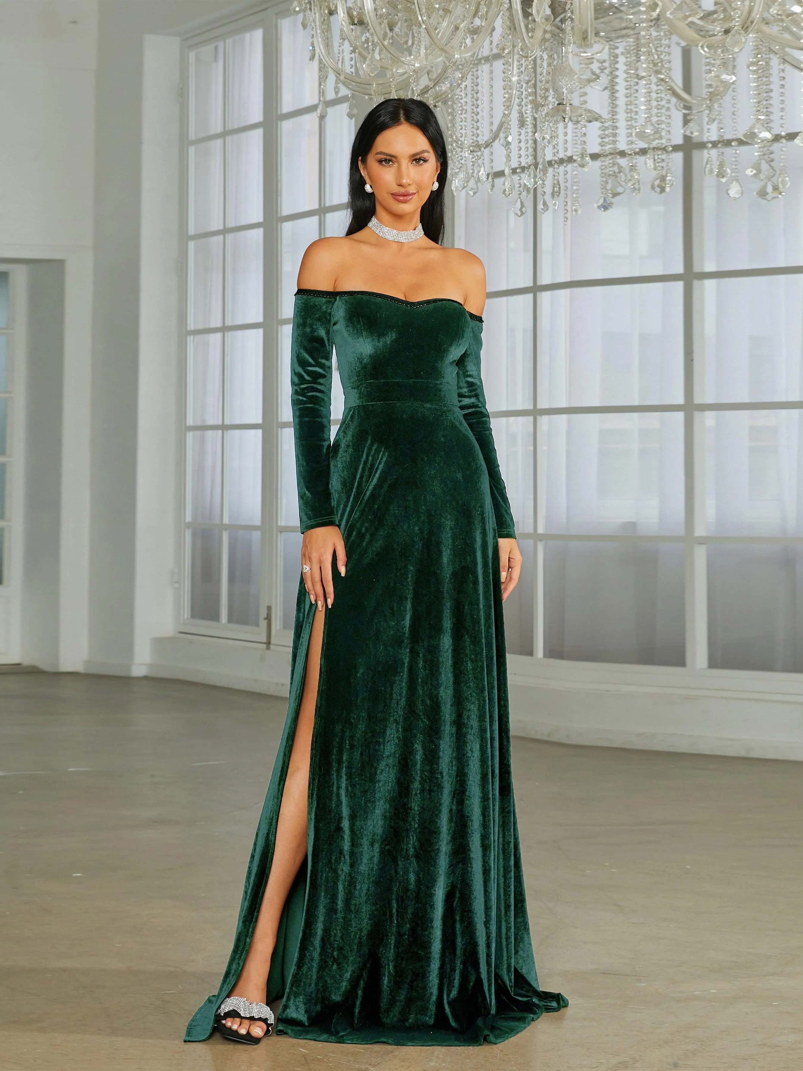 Off Shoulder Split Black Velvet Evening Dress XJ1946
