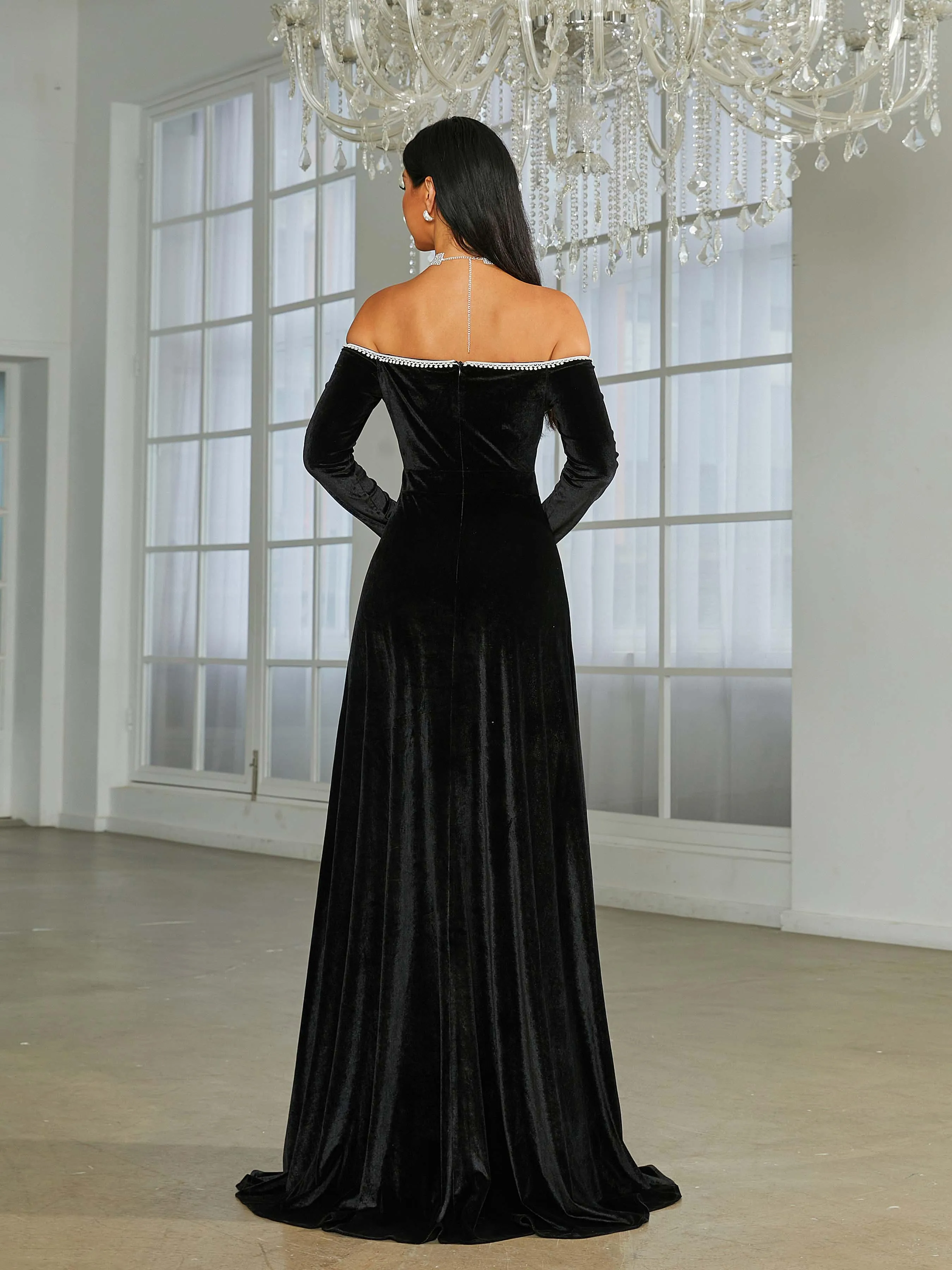 Off Shoulder Split Black Velvet Evening Dress XJ1946