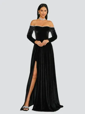 Off Shoulder Split Black Velvet Evening Dress XJ1946
