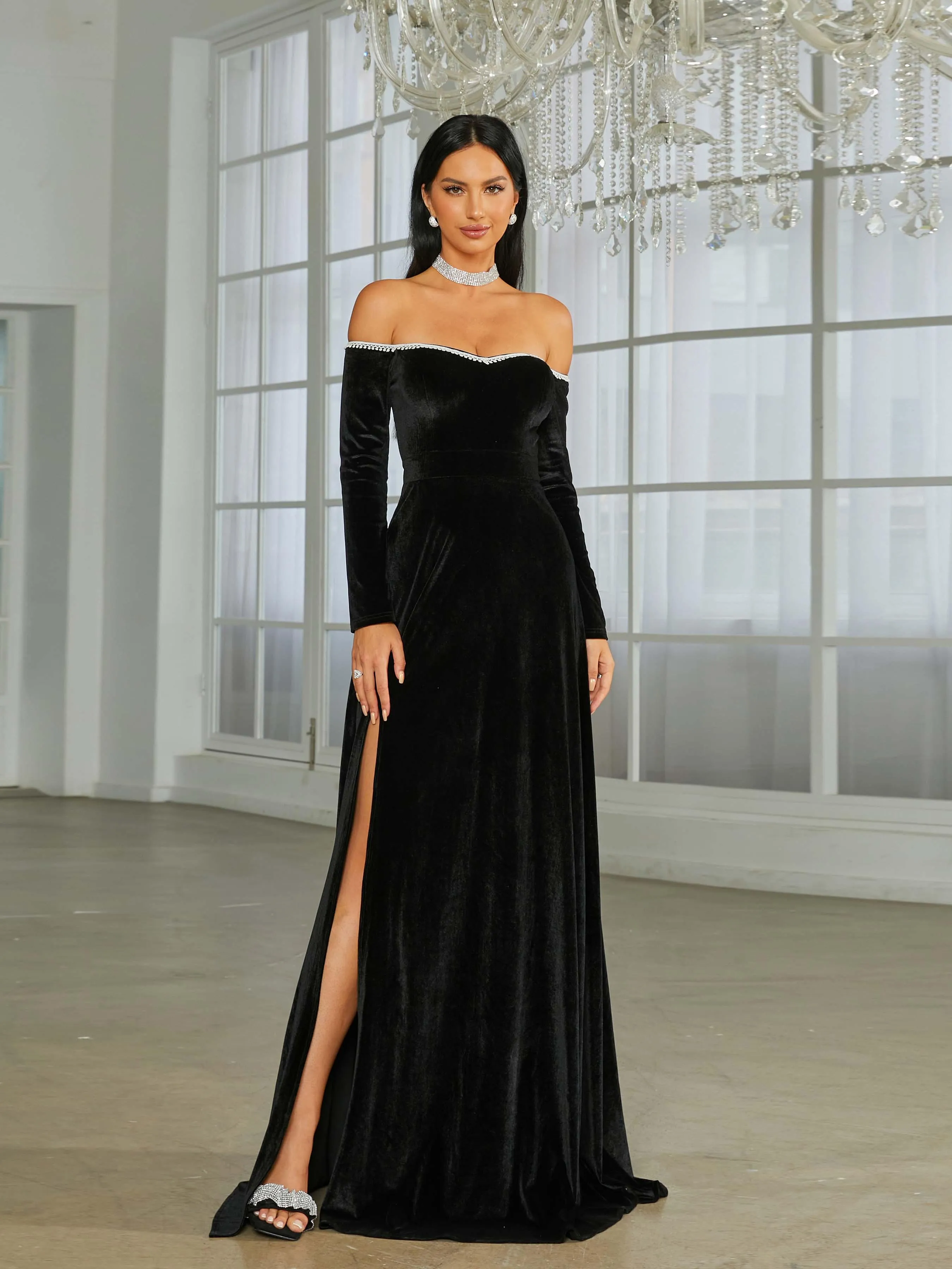 Off Shoulder Split Black Velvet Evening Dress XJ1946