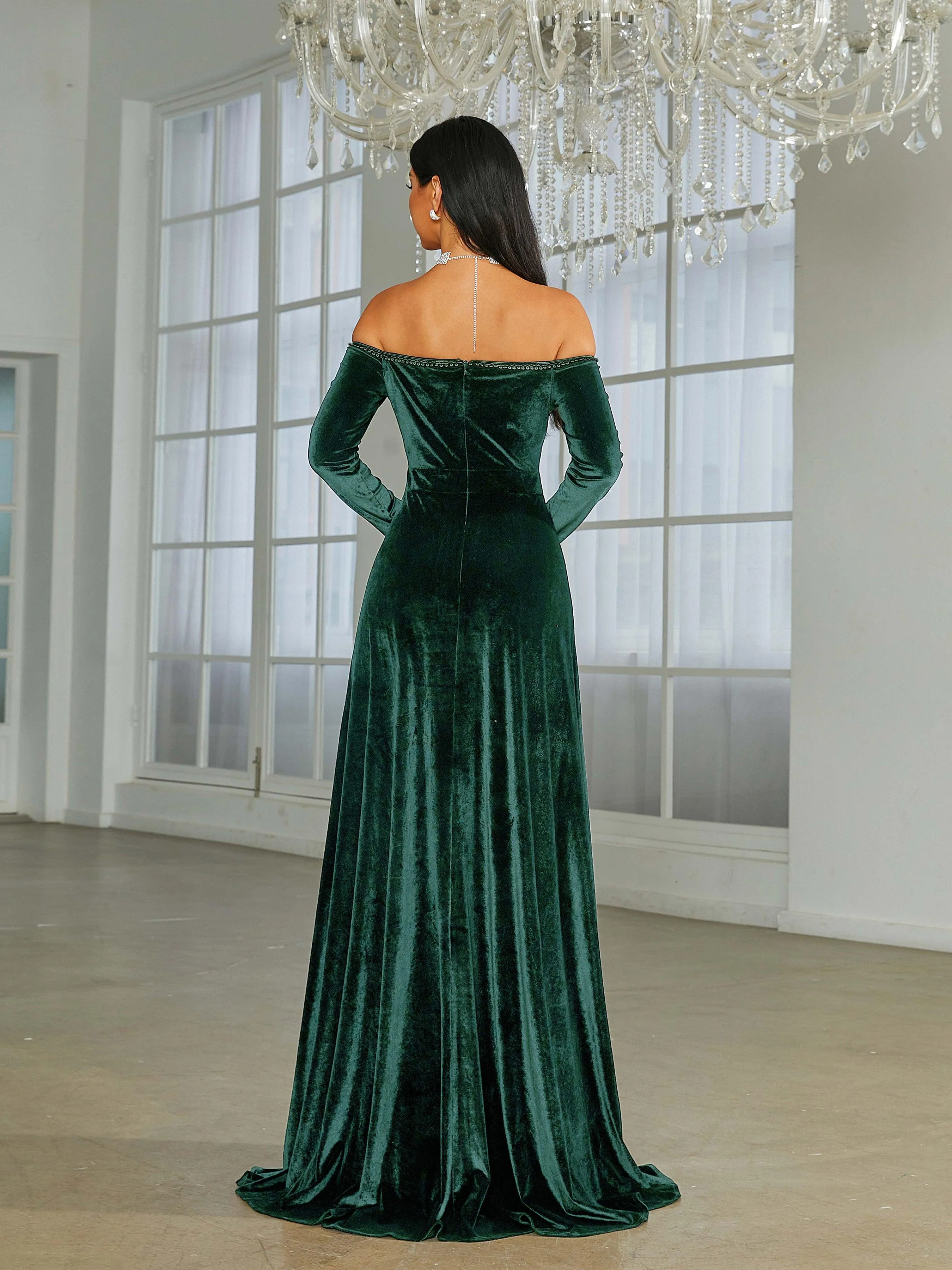 Off Shoulder Split Black Velvet Evening Dress XJ1946