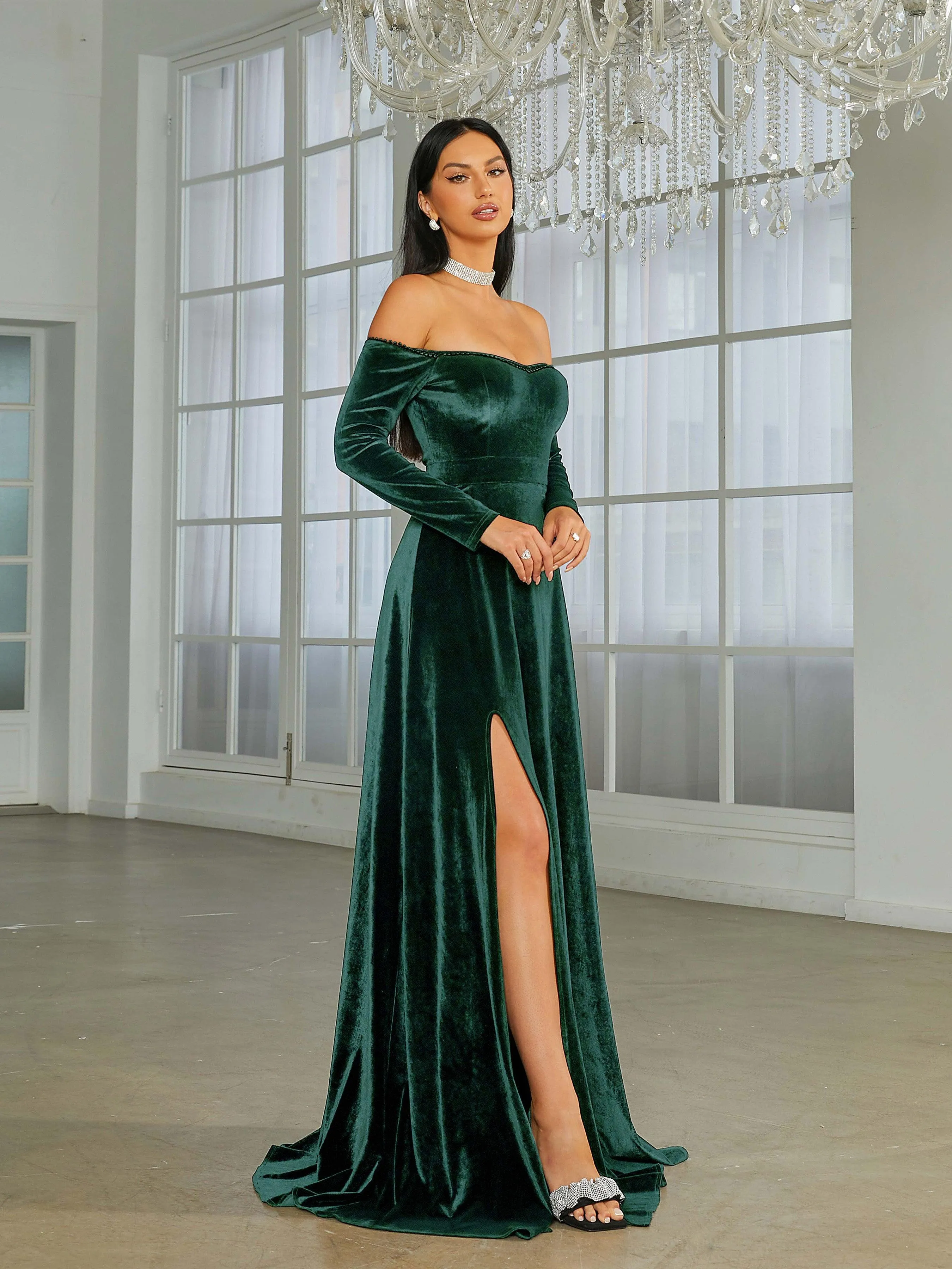 Off Shoulder Split Black Velvet Evening Dress XJ1946