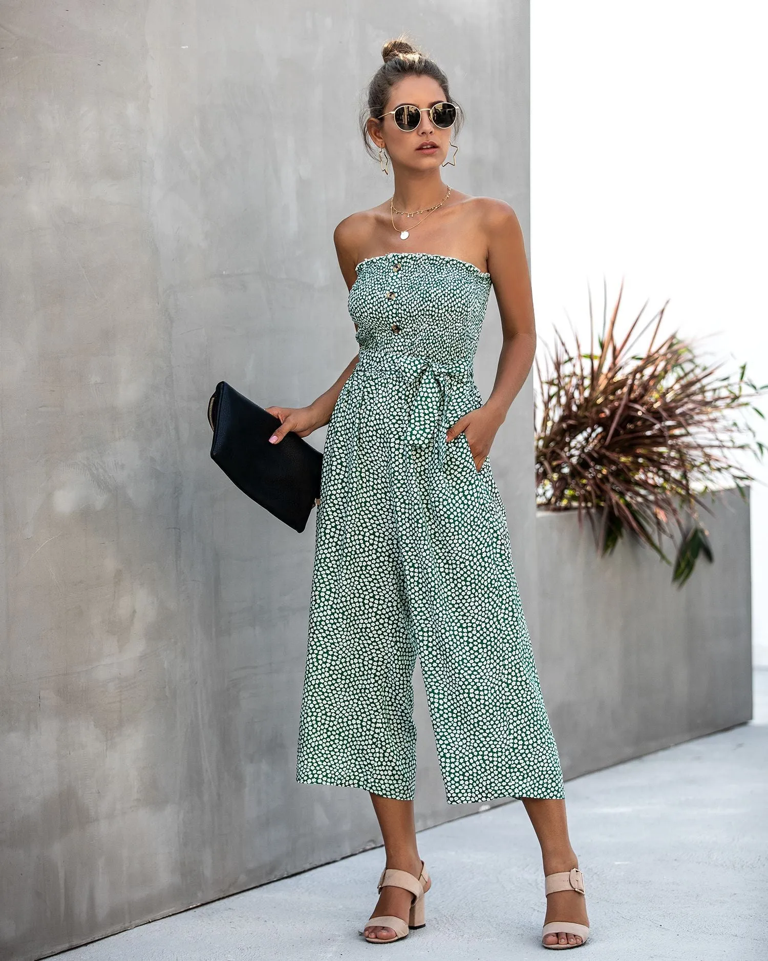 Off Shoulder Wrapped Chest Lace-up Print Jumpsuit With Pocket Backless Single-breasted Rompers