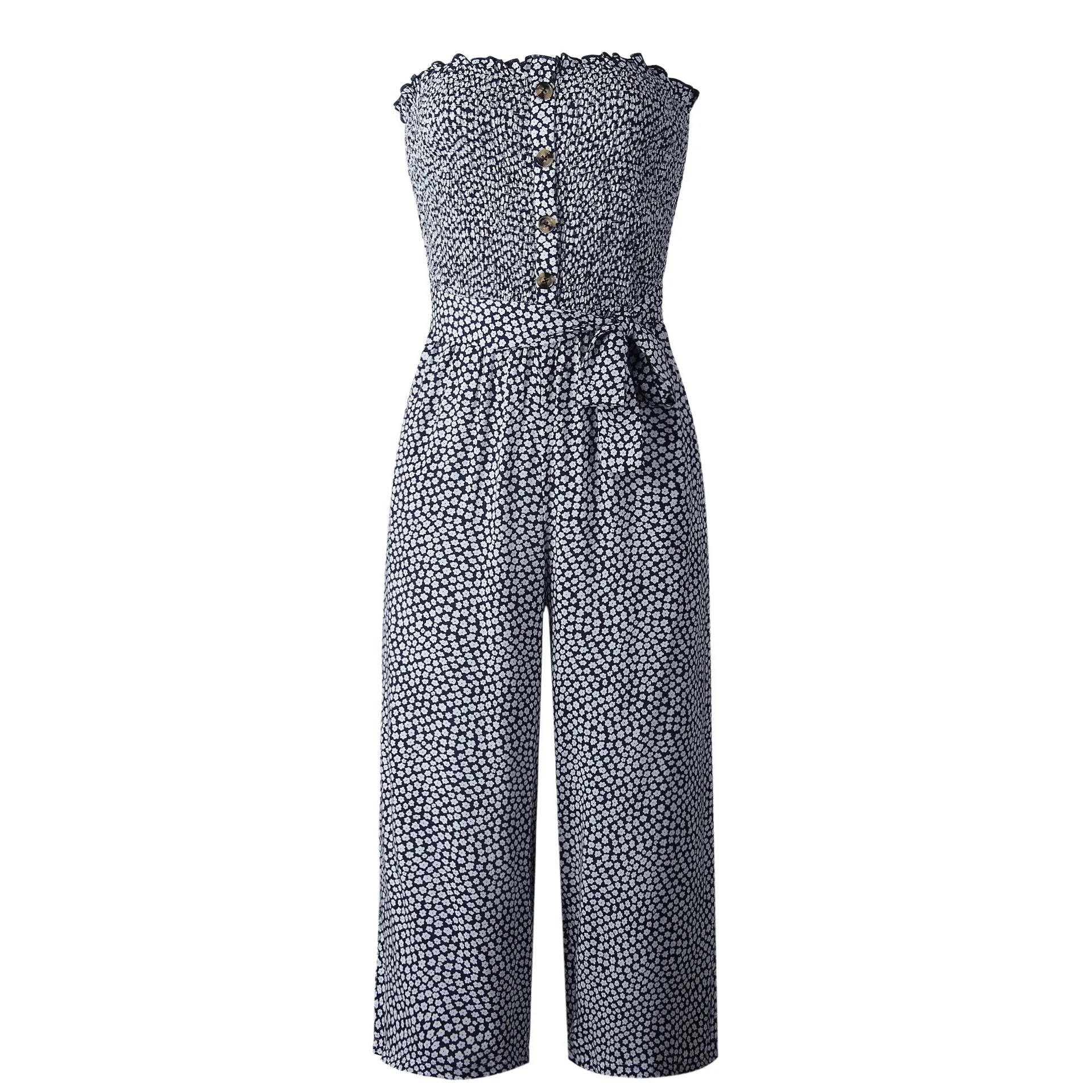 Off Shoulder Wrapped Chest Lace-up Print Jumpsuit With Pocket Backless Single-breasted Rompers