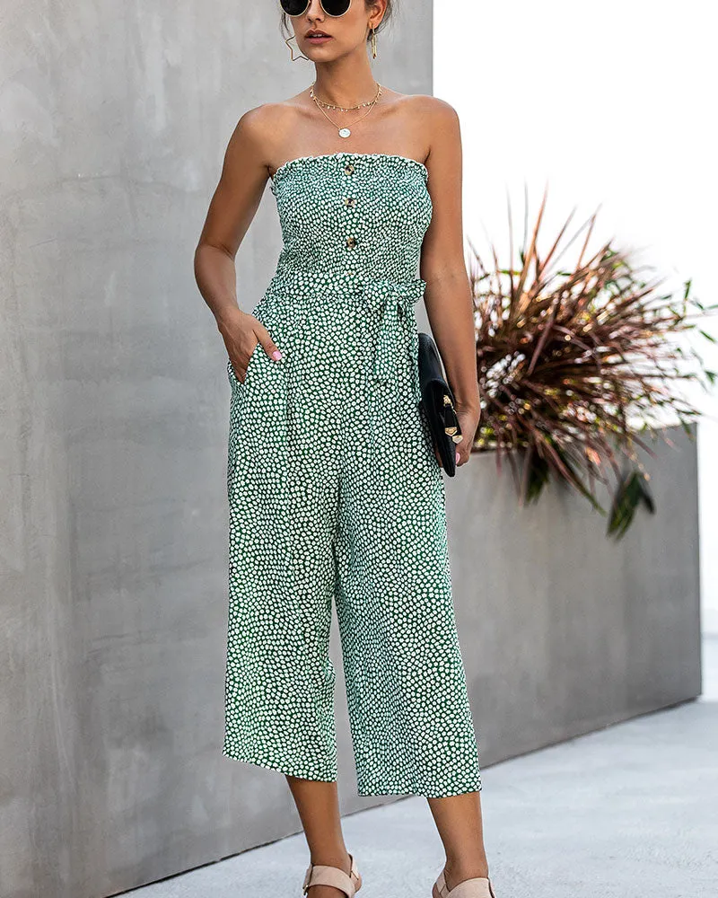 Off Shoulder Wrapped Chest Lace-up Print Jumpsuit With Pocket Backless Single-breasted Rompers