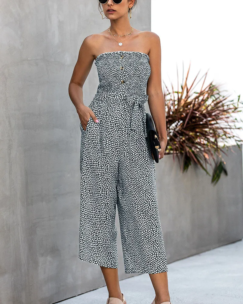 Off Shoulder Wrapped Chest Lace-up Print Jumpsuit With Pocket Backless Single-breasted Rompers