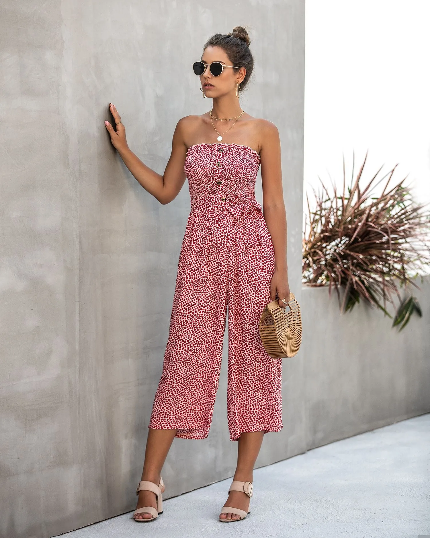 Off Shoulder Wrapped Chest Lace-up Print Jumpsuit With Pocket Backless Single-breasted Rompers