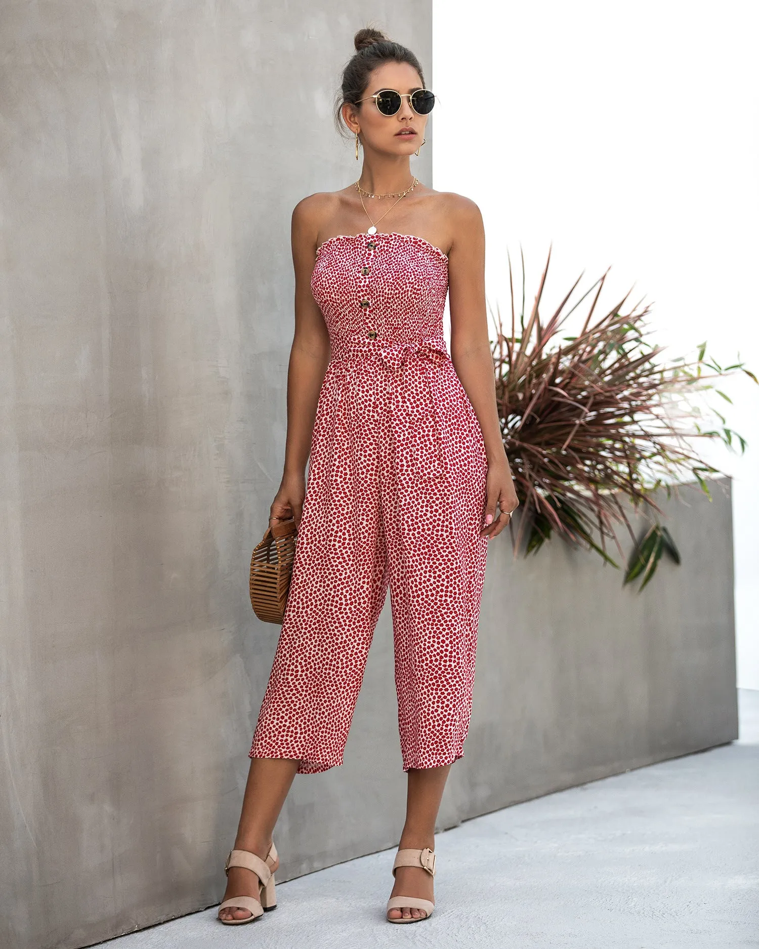 Off Shoulder Wrapped Chest Lace-up Print Jumpsuit With Pocket Backless Single-breasted Rompers