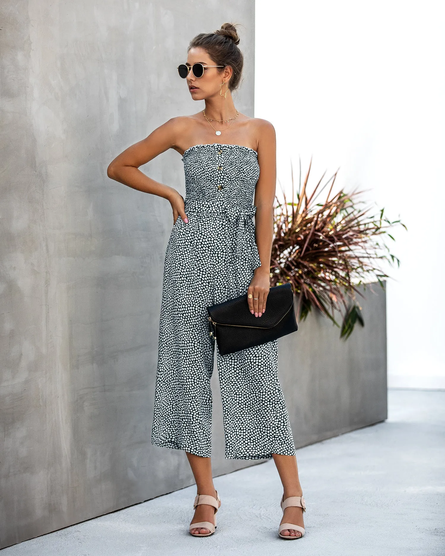 Off Shoulder Wrapped Chest Lace-up Print Jumpsuit With Pocket Backless Single-breasted Rompers