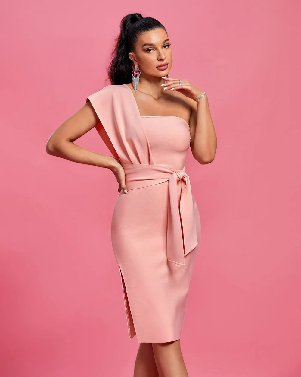 One Shoulder Belted Bandage Party Dress