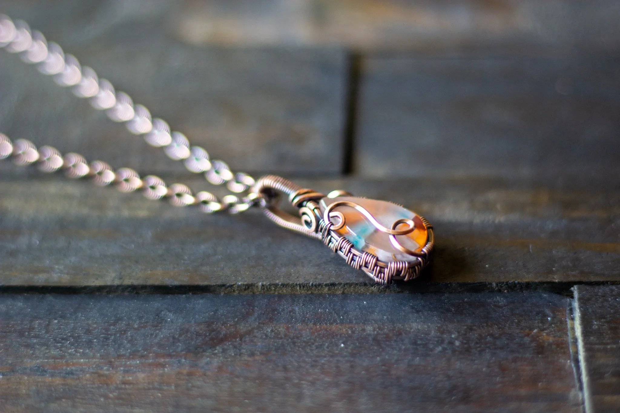 Orange and Light Blue Fused Glass and Copper Wire Teardrop Pendant