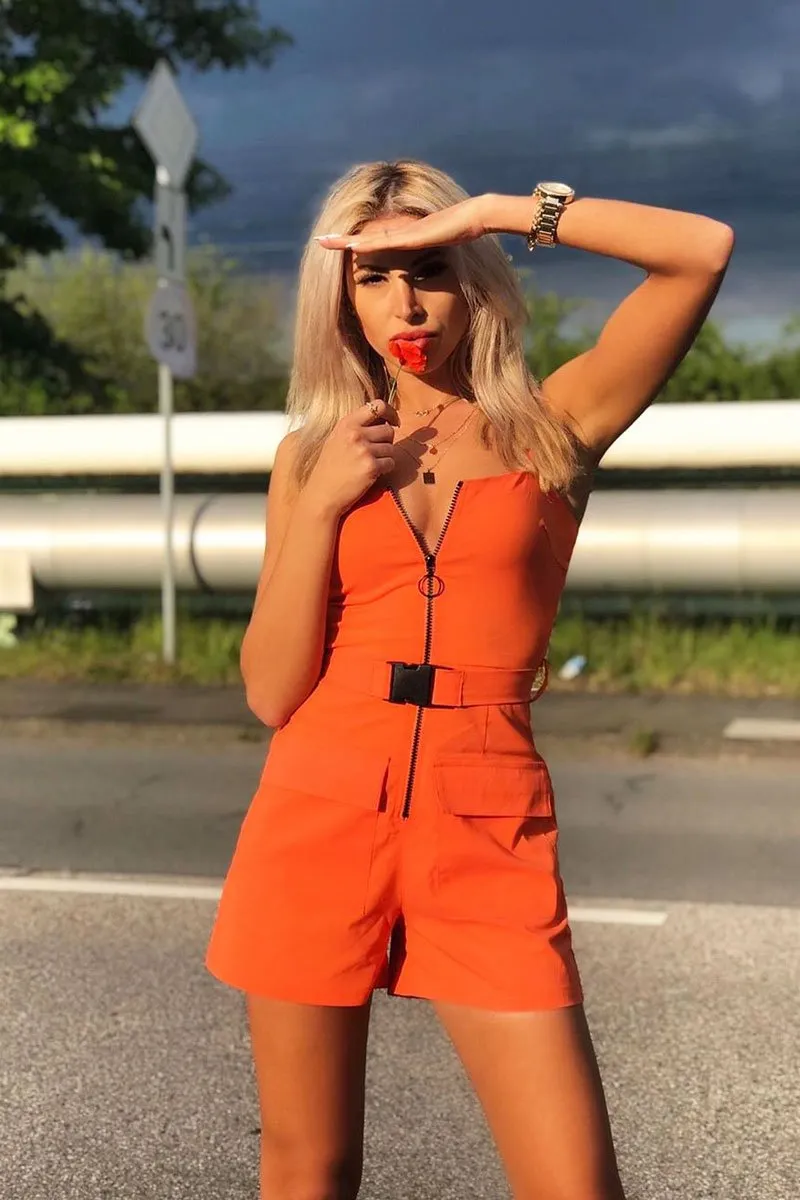 Orange Plunge Belted Waist Sleeveless Playsuit - Kerstyn