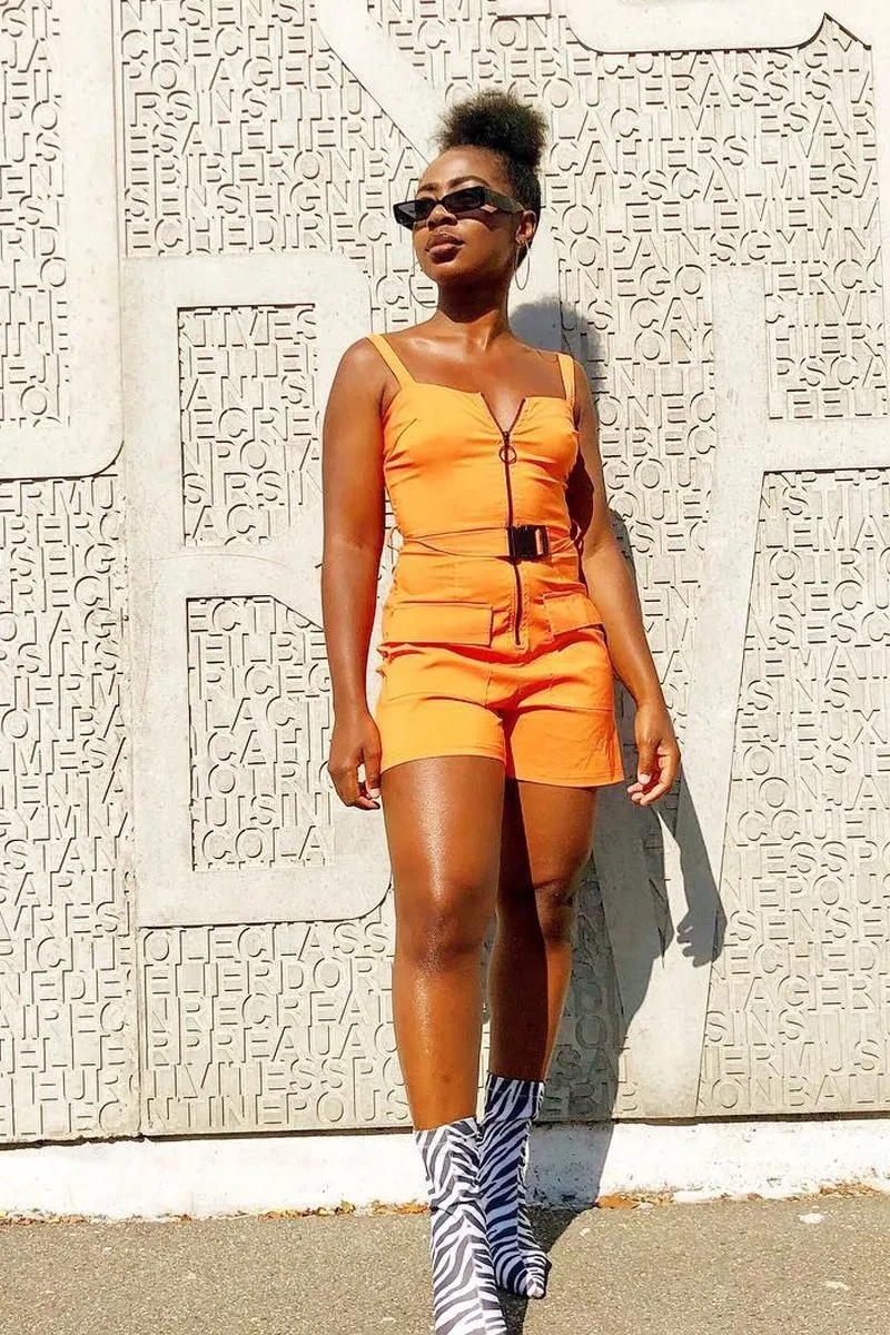 Orange Plunge Belted Waist Sleeveless Playsuit - Kerstyn