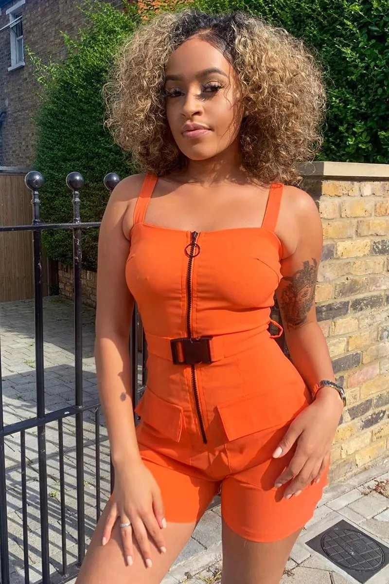 Orange Plunge Belted Waist Sleeveless Playsuit - Kerstyn