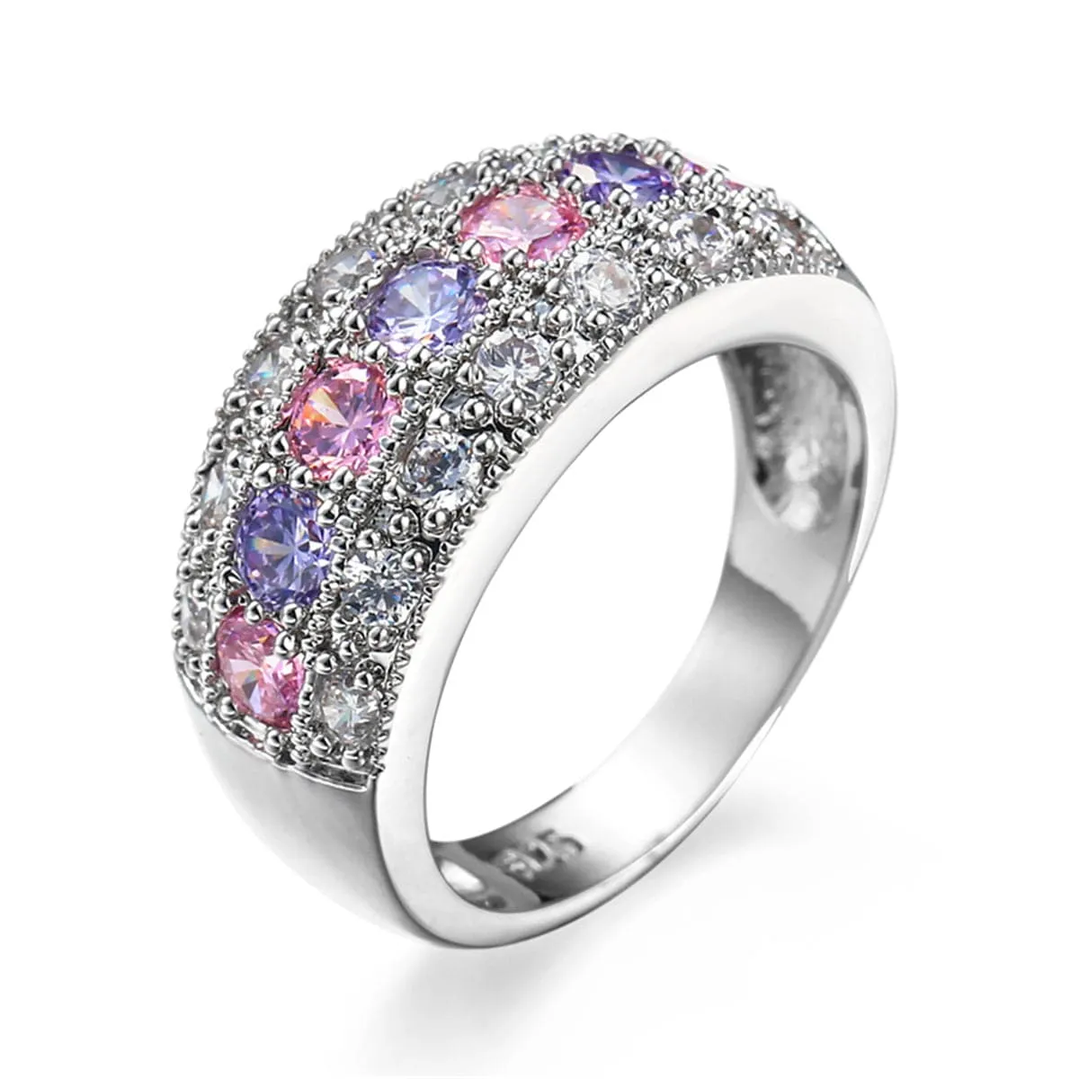 Pink Crystal & Silver-Plated Band Ring