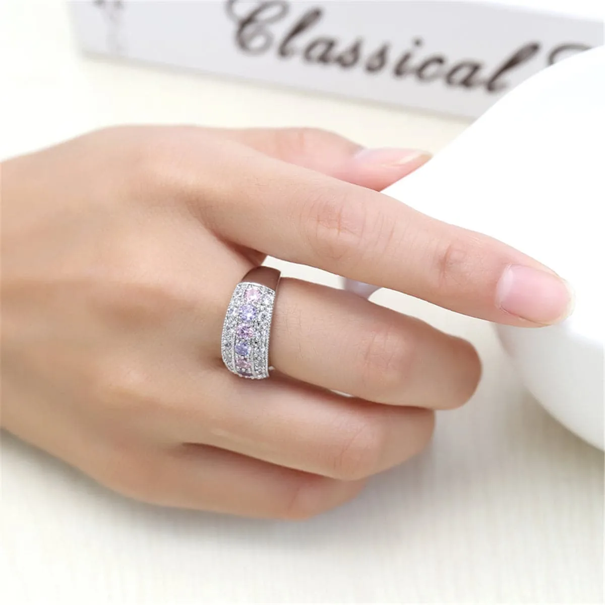Pink Crystal & Silver-Plated Band Ring