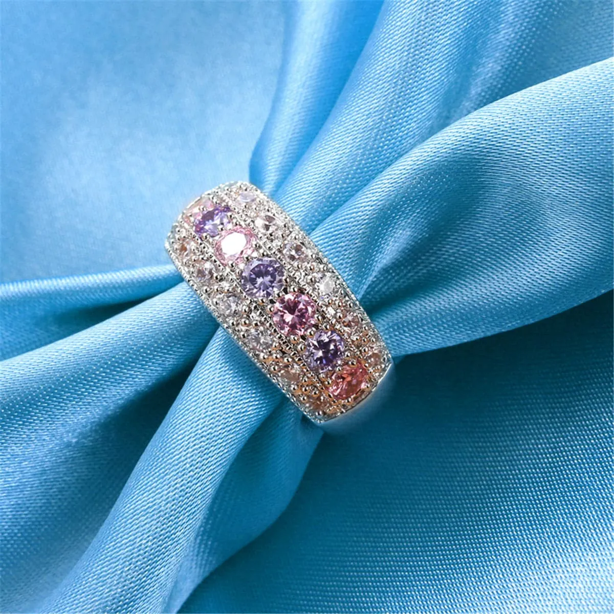 Pink Crystal & Silver-Plated Band Ring