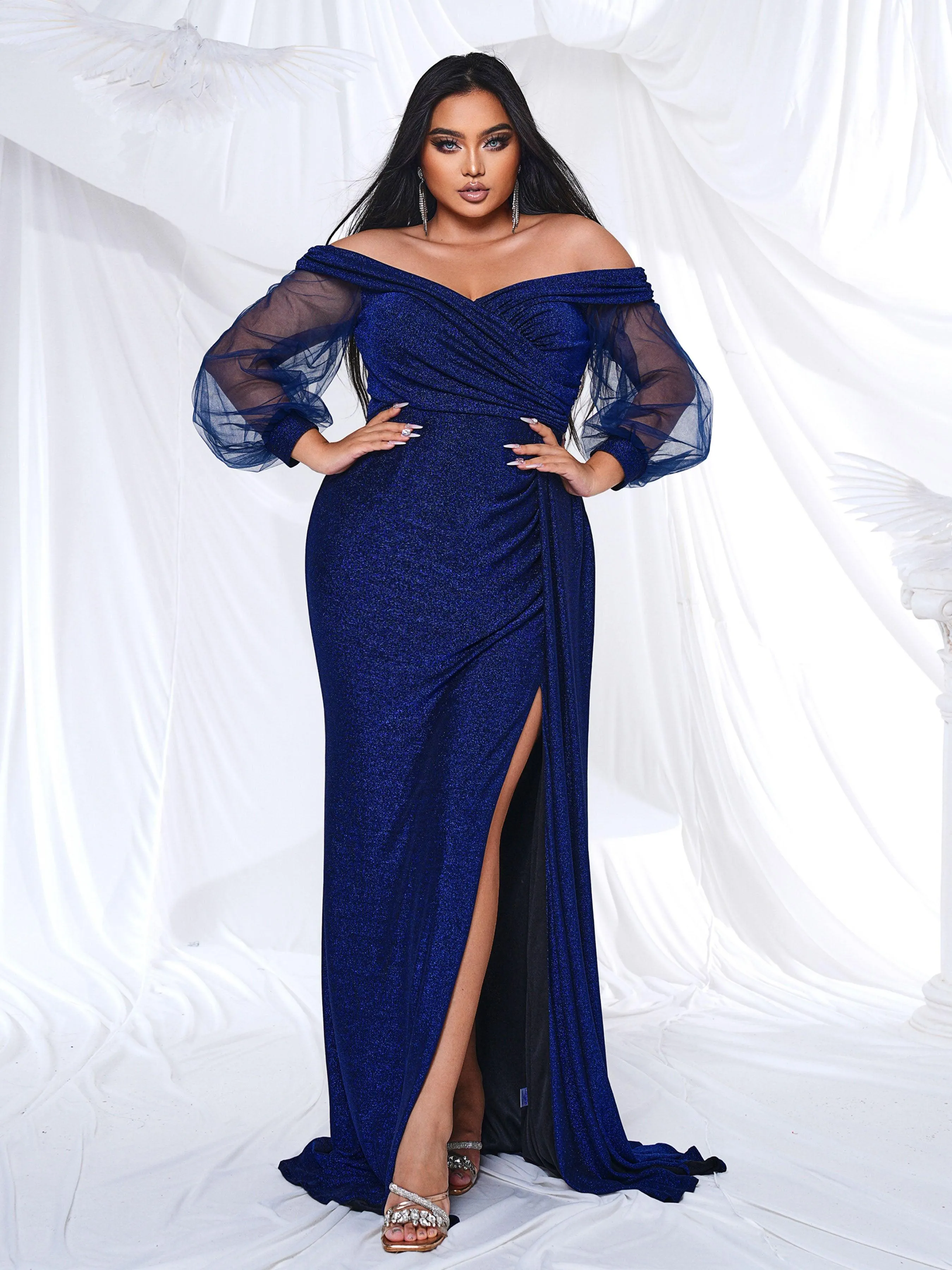 Plus Off Shoulder Split Wedding Guest Dress PRH60145