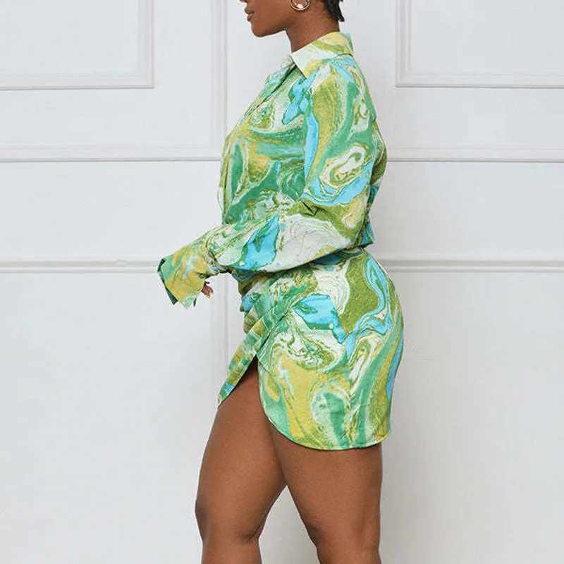 Print Deep V-Neck Flared Sleeve Ruched Mini Dress