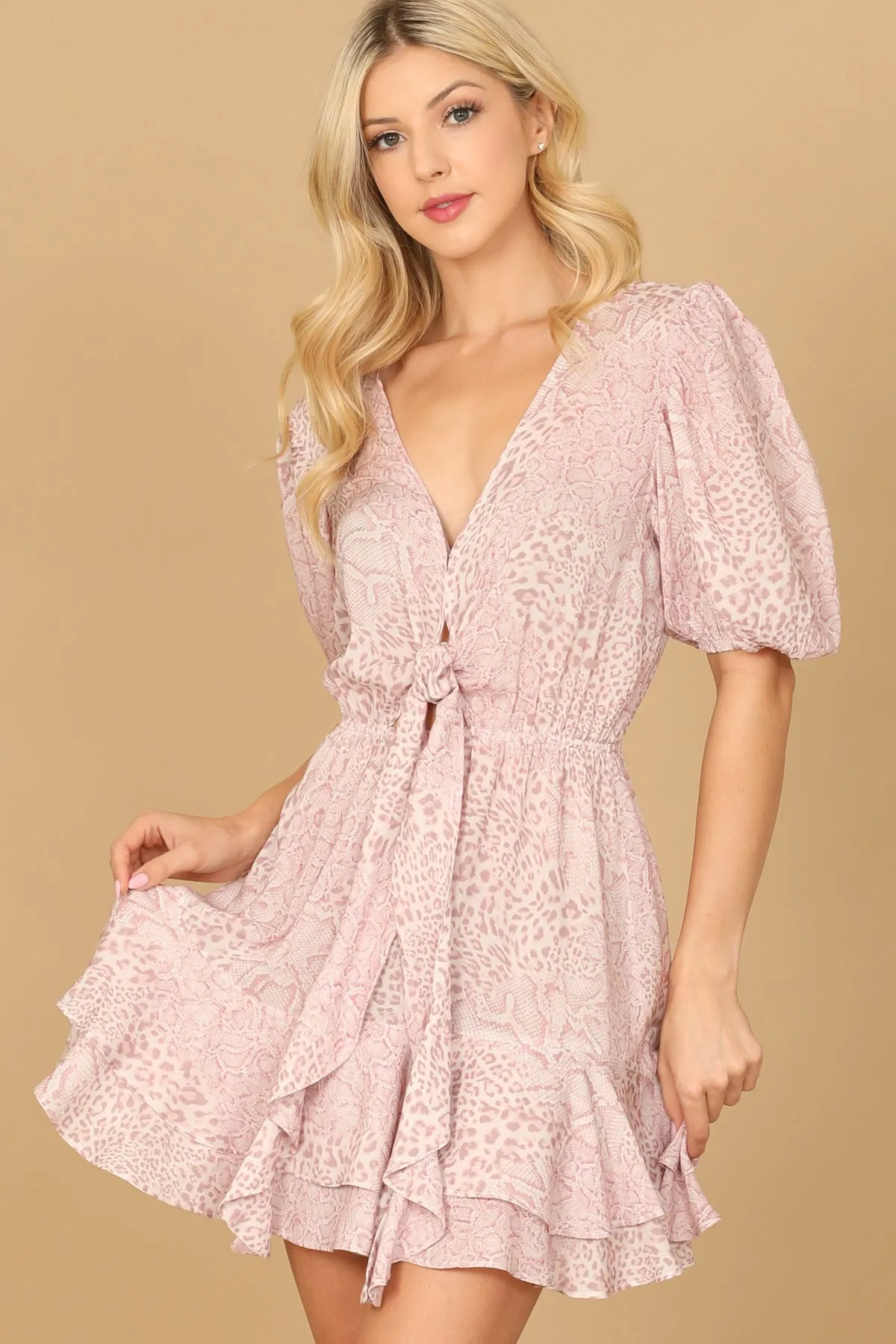 PUFF SLEEVE V-NECK FRONT KNOT RUFFLE HEM DRESS
