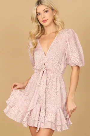 PUFF SLEEVE V-NECK FRONT KNOT RUFFLE HEM DRESS