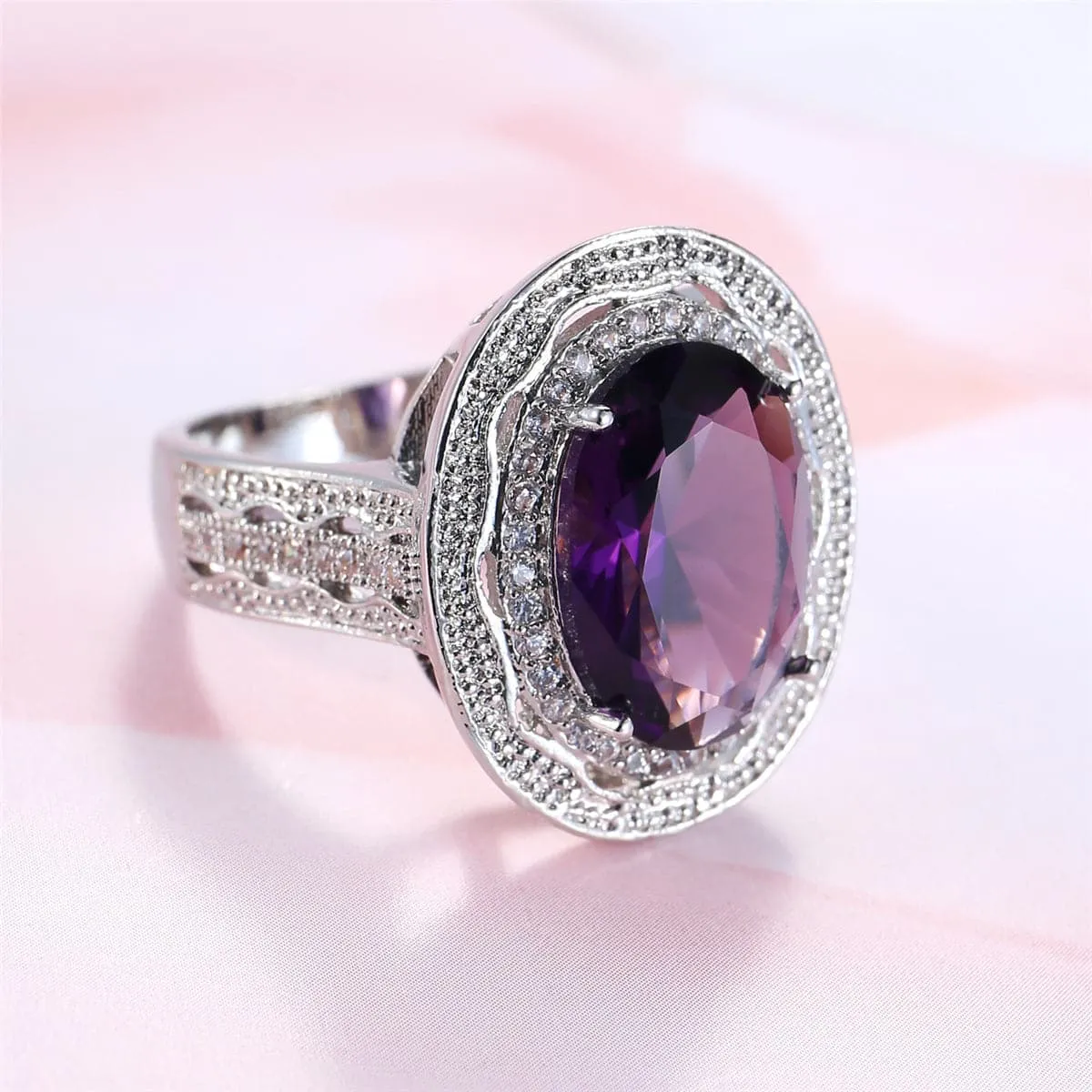 Purple Crystal & Cubic Zirconia Oval Halo Ring
