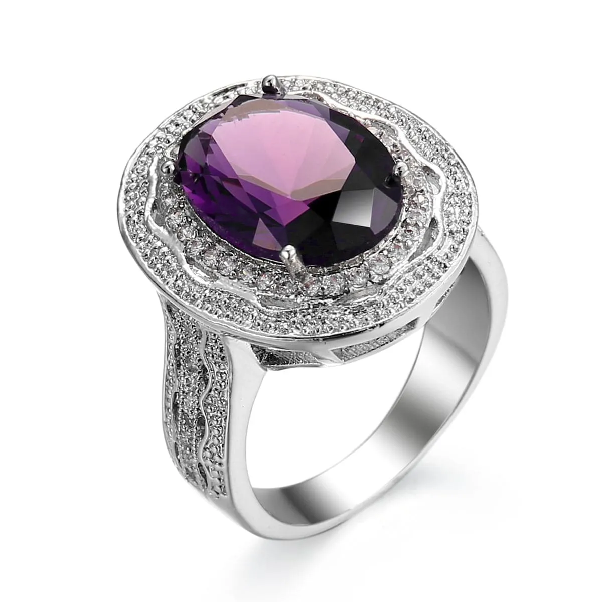 Purple Crystal & Cubic Zirconia Oval Halo Ring