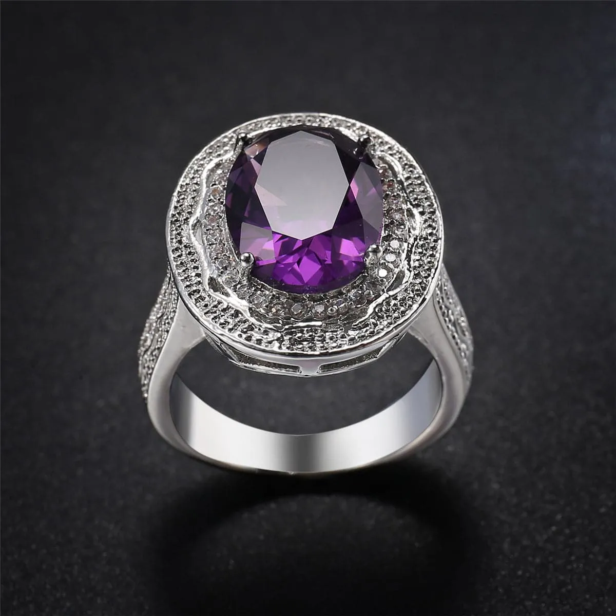 Purple Crystal & Cubic Zirconia Oval Halo Ring