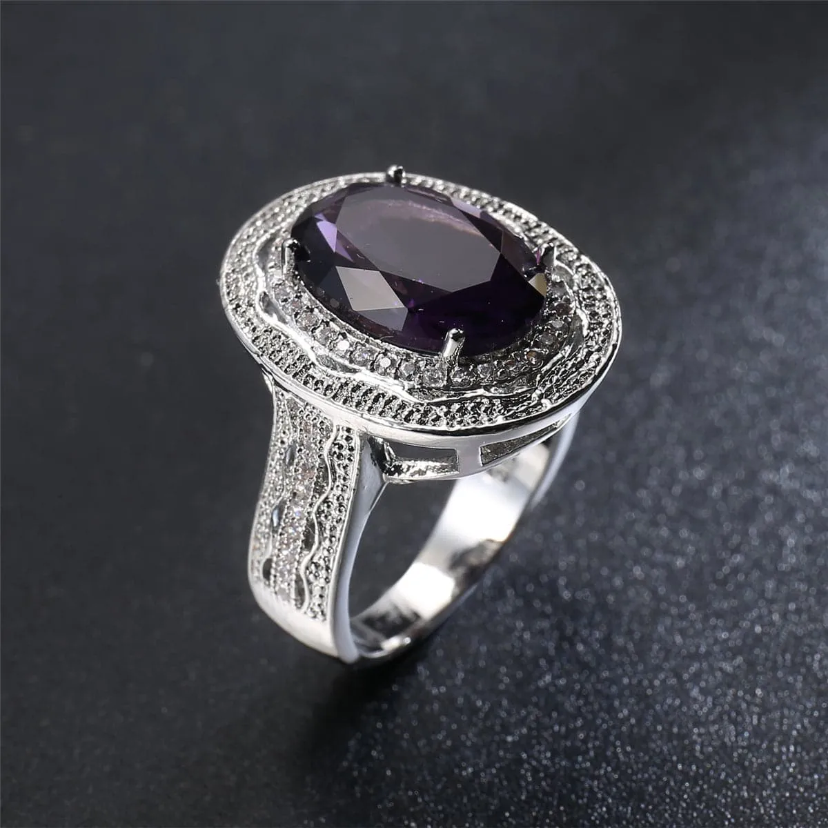 Purple Crystal & Cubic Zirconia Oval Halo Ring
