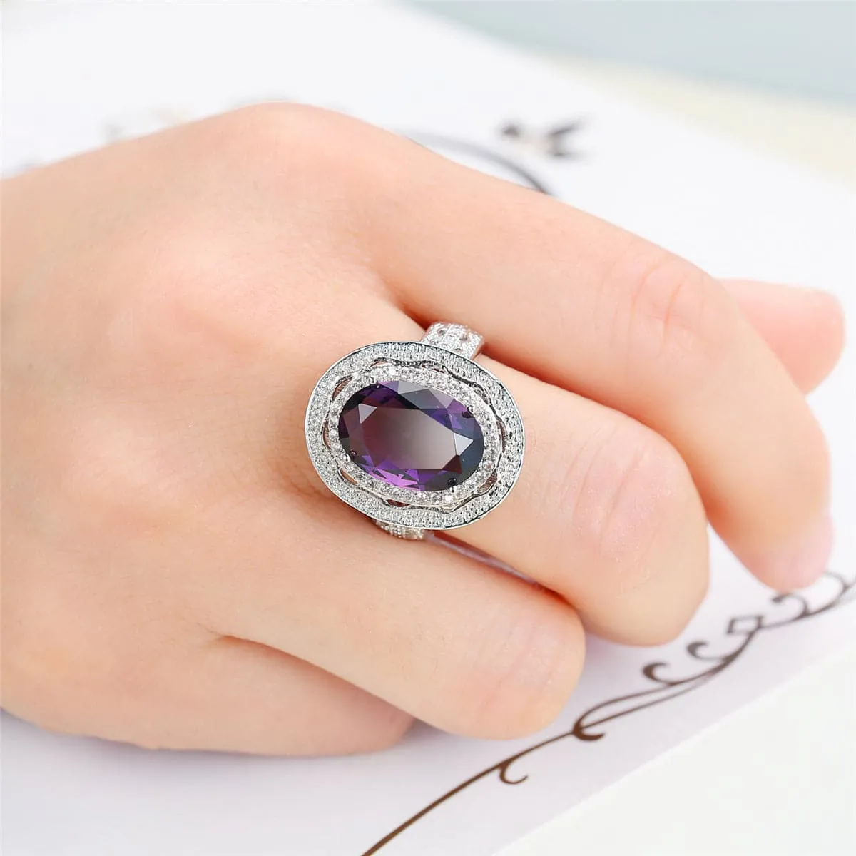 Purple Crystal & Cubic Zirconia Oval Halo Ring