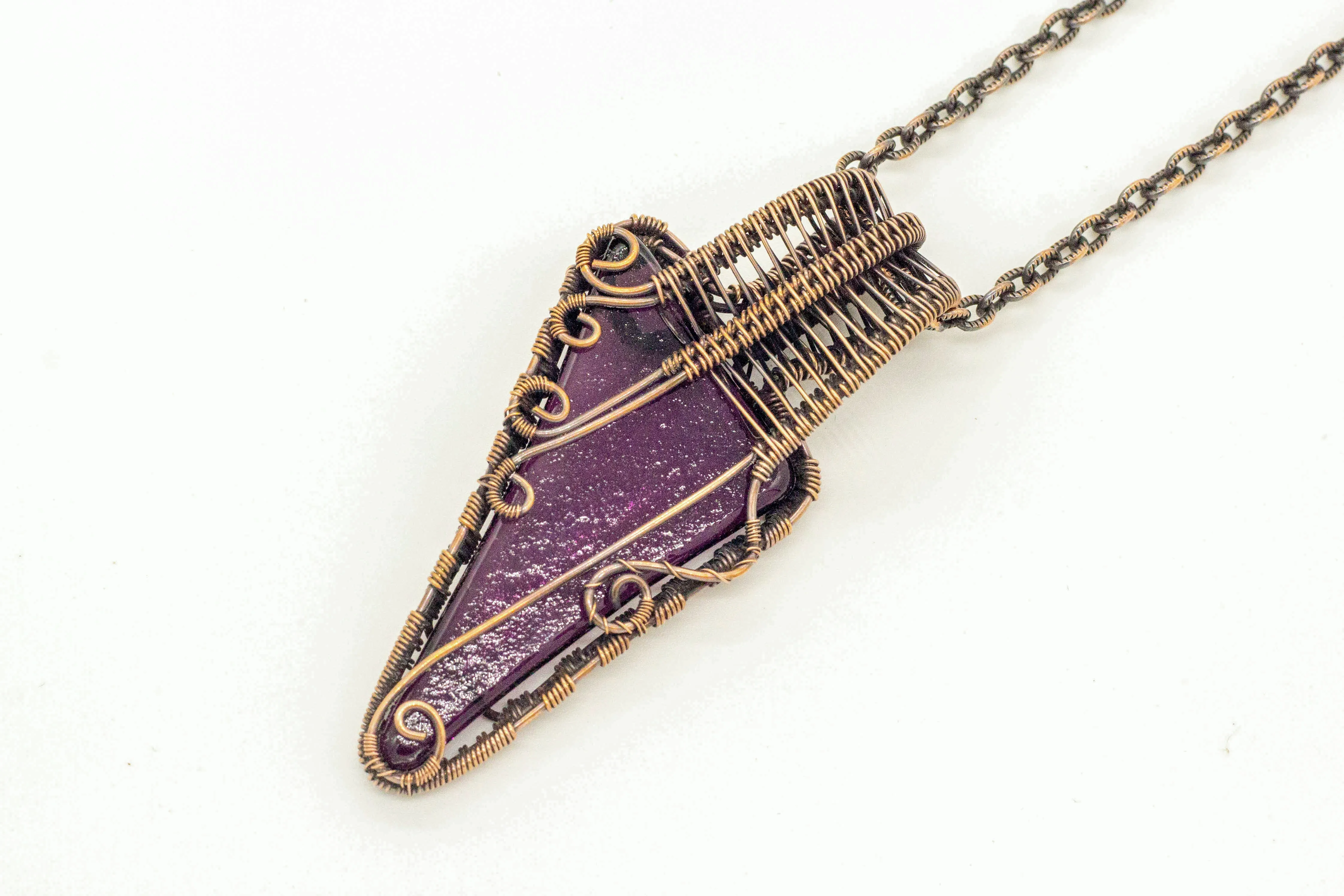 Purple Fused Glass and Copper Wire Wrapped Pendant