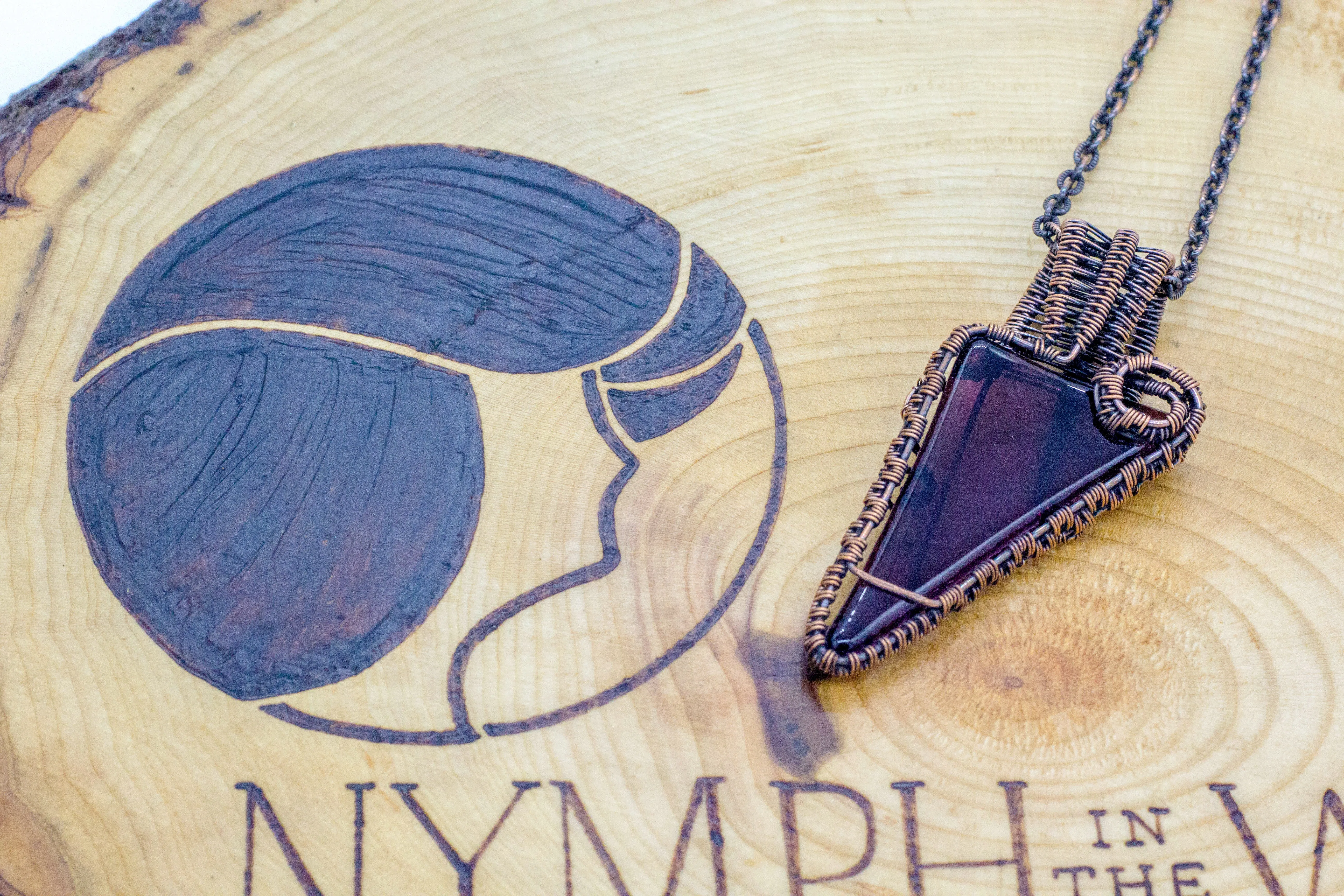 Purple Fused Glass and Copper Wire Wrapped Pendant