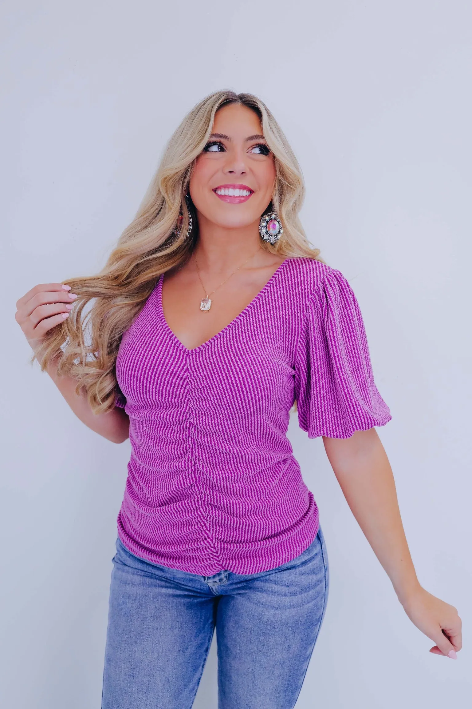 Rayla Ruched V-Neck Top - Purple