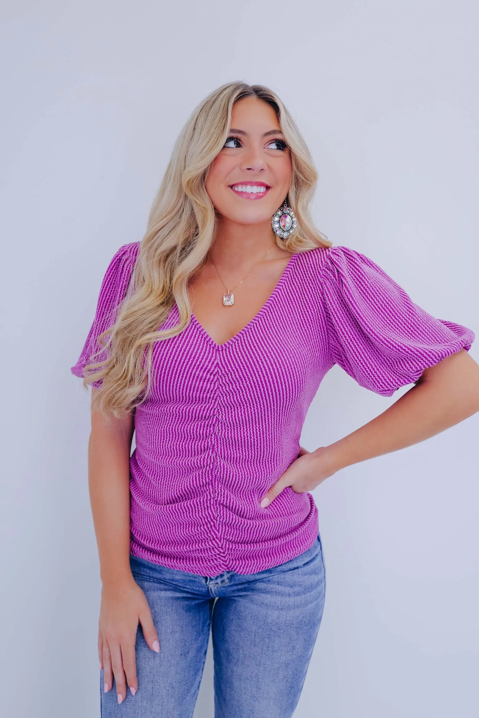 Rayla Ruched V-Neck Top - Purple