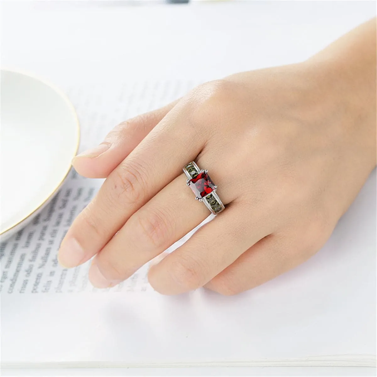 Red & Olive Green Crystal & Silver-Plated Princess-Cut Ring