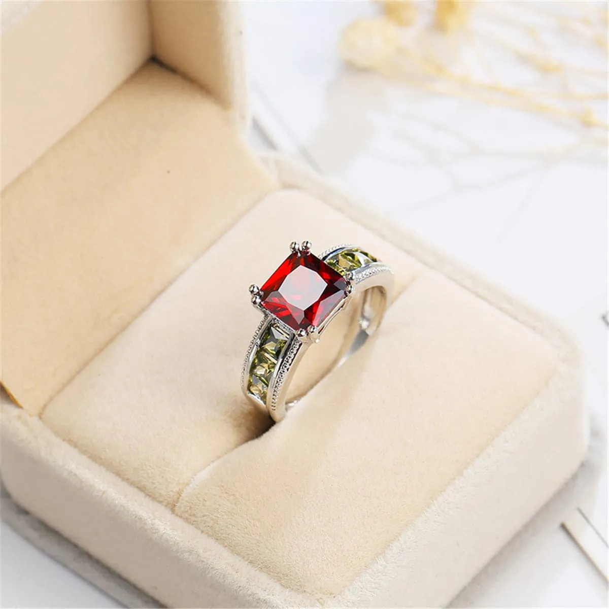 Red & Olive Green Crystal & Silver-Plated Princess-Cut Ring