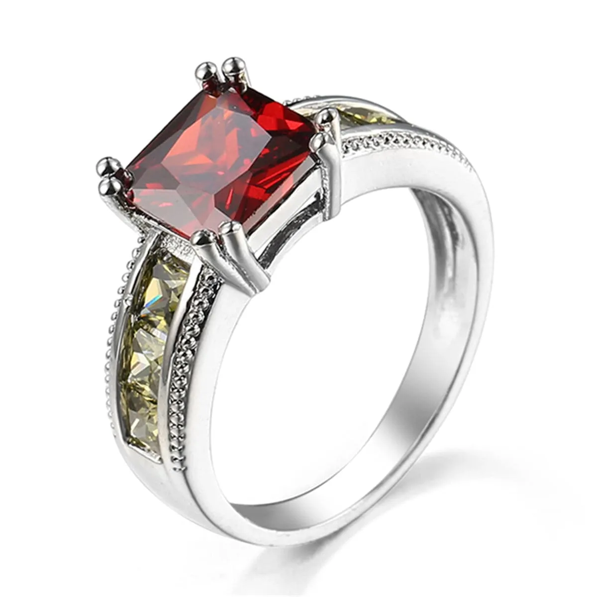 Red & Olive Green Crystal & Silver-Plated Princess-Cut Ring