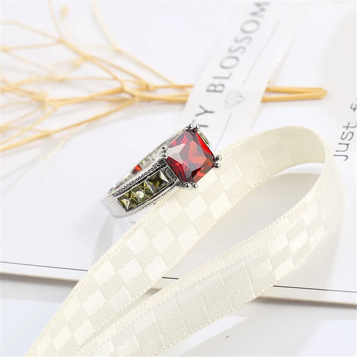Red & Olive Green Crystal & Silver-Plated Princess-Cut Ring