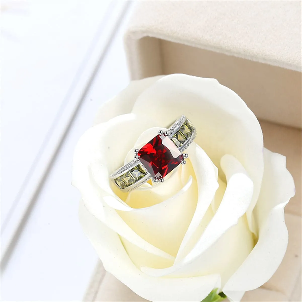 Red & Olive Green Crystal & Silver-Plated Princess-Cut Ring
