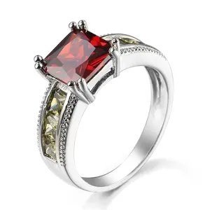 Red & Olive Green Crystal & Silver-Plated Princess-Cut Ring