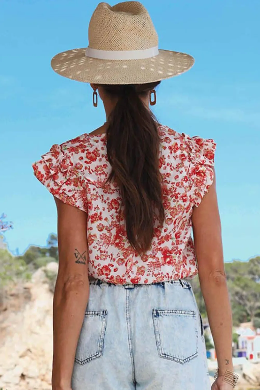 Red Boho Floral Ruffled Shoulder V Neck Blouse