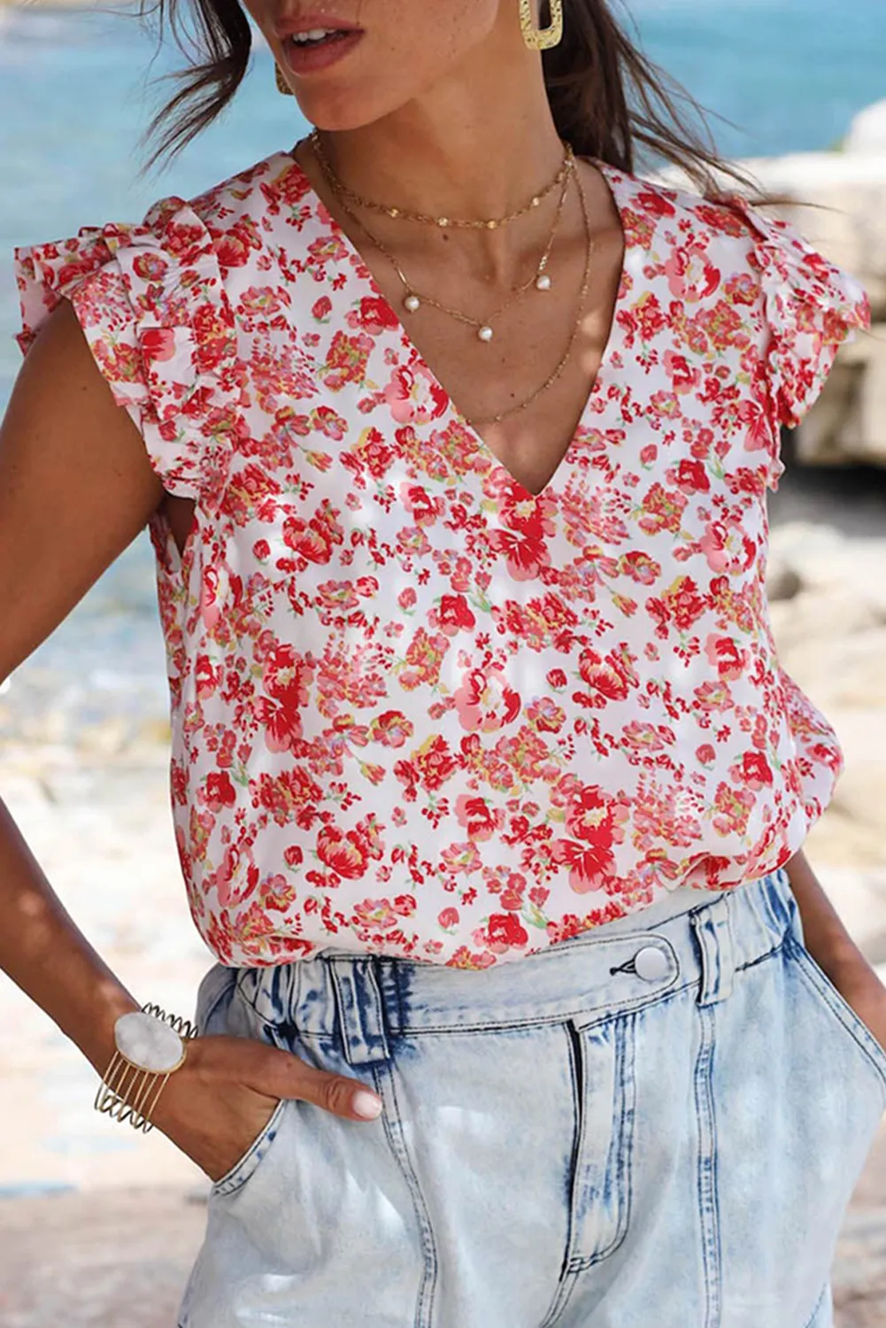 Red Boho Floral Ruffled Shoulder V Neck Blouse