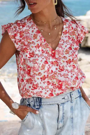 Red Boho Floral Ruffled Shoulder V Neck Blouse