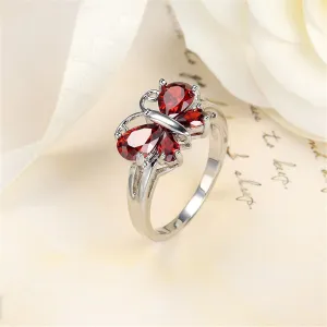 Red Crystal & Silver-Plated Butterfly Ring