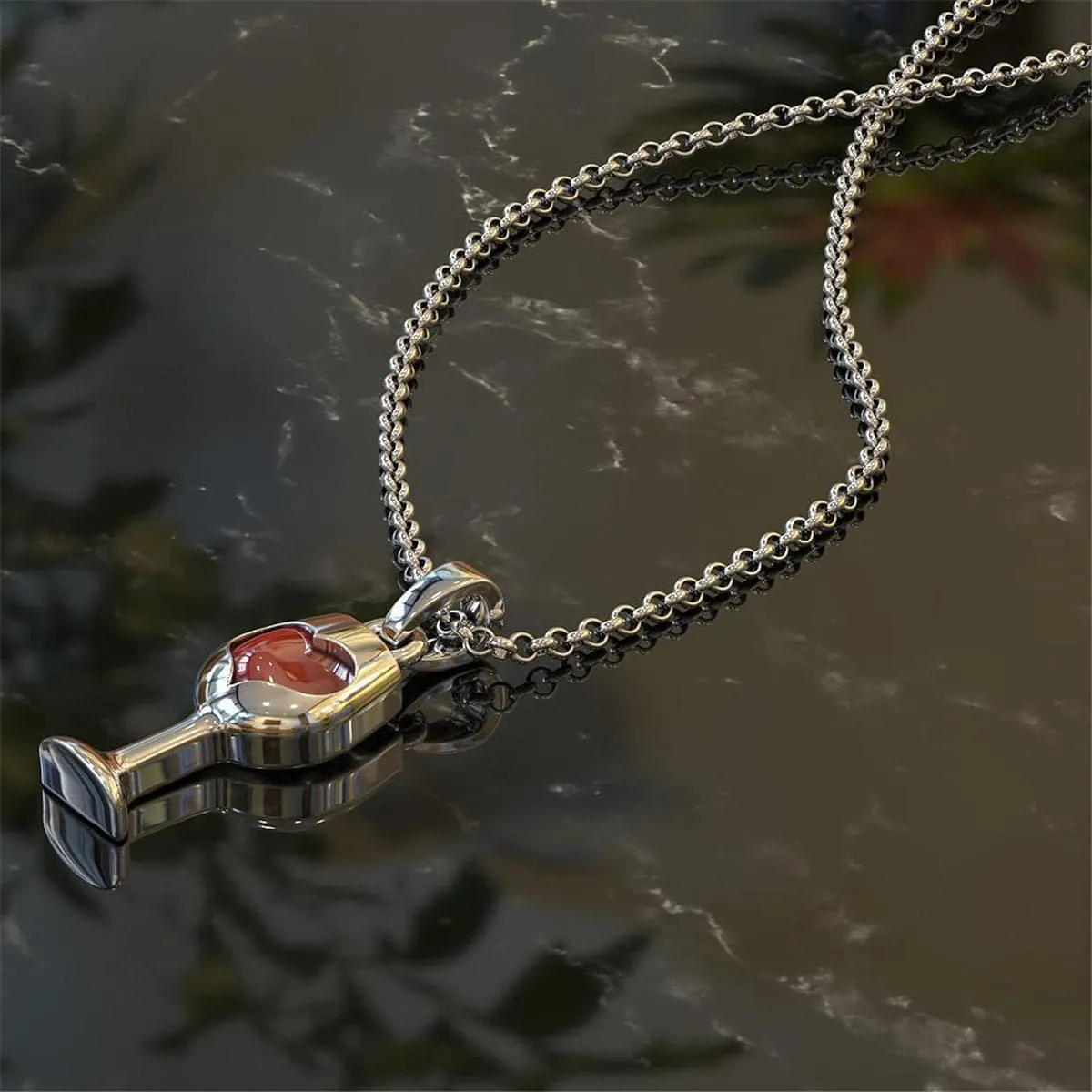 Red Crystal & Silver-Plated Heart Cut Wine Glass Pendant Necklace