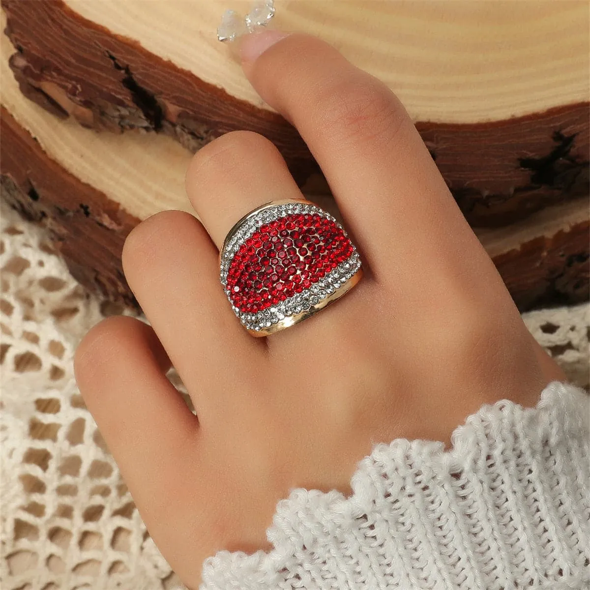 Red Cubic Zirconia & 18K Gold-Plated Eye Adjustable Ring
