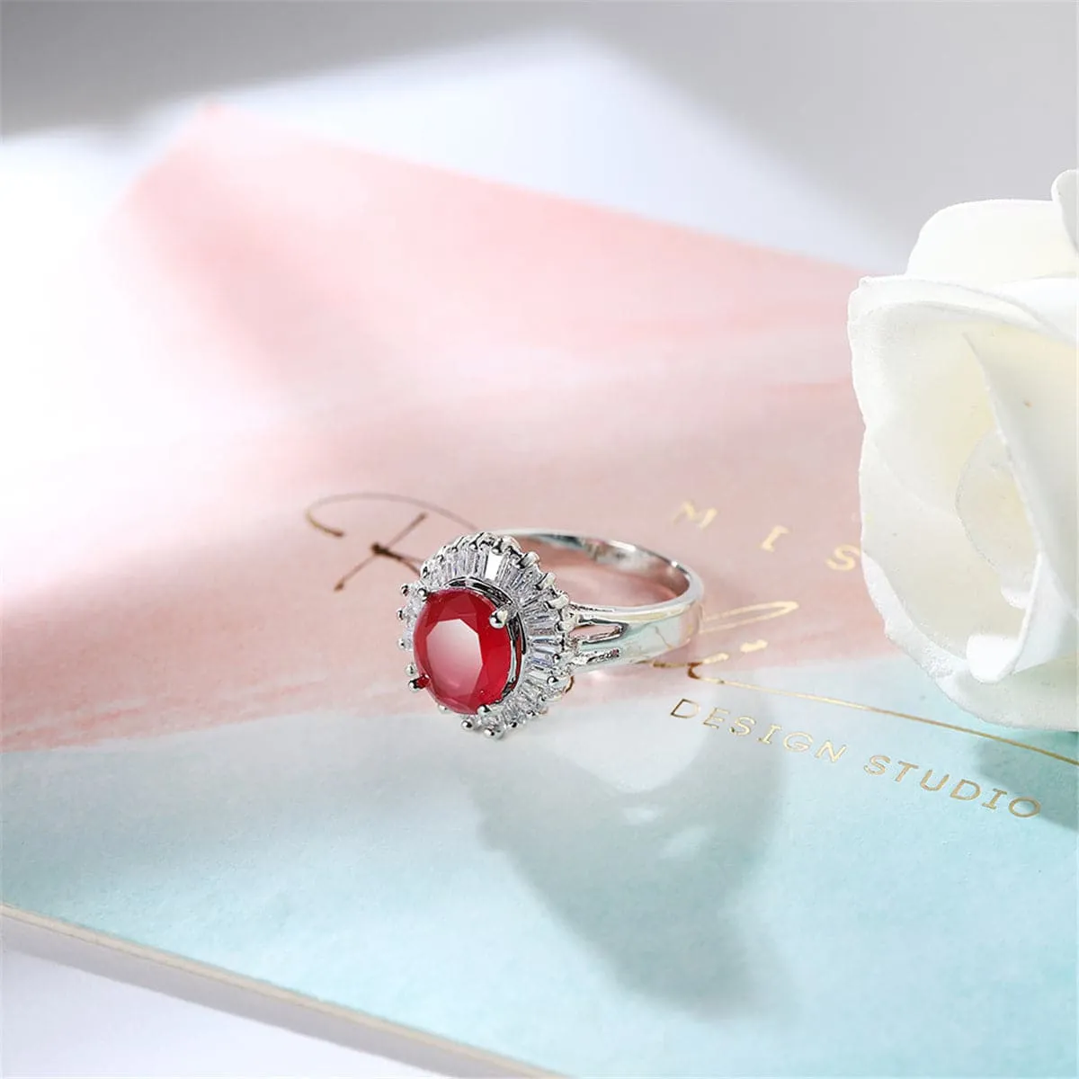 Red Cubic Zirconia & Crystal Baguette Halo Ring